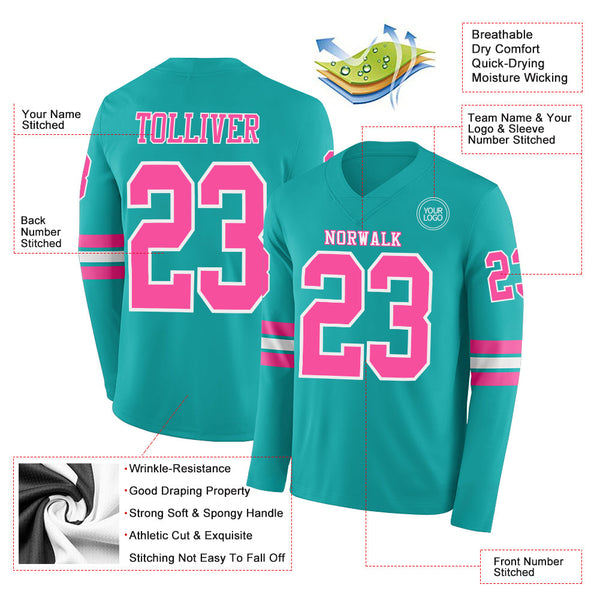 Custom Aqua Pink-White Long Sleeve Authentic Football Jersey alternate