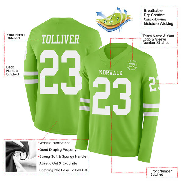 Custom Neon Green White Long Sleeve Authentic Football Jersey alternate