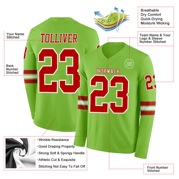 Custom Neon Green Red-White Long Sleeve Authentic Football Jersey alternate