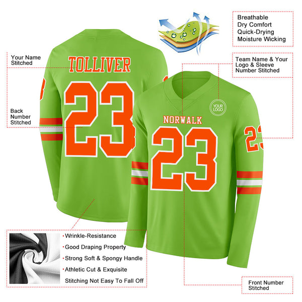 Custom Neon Green Orange-White Long Sleeve Authentic Football Jersey alternate