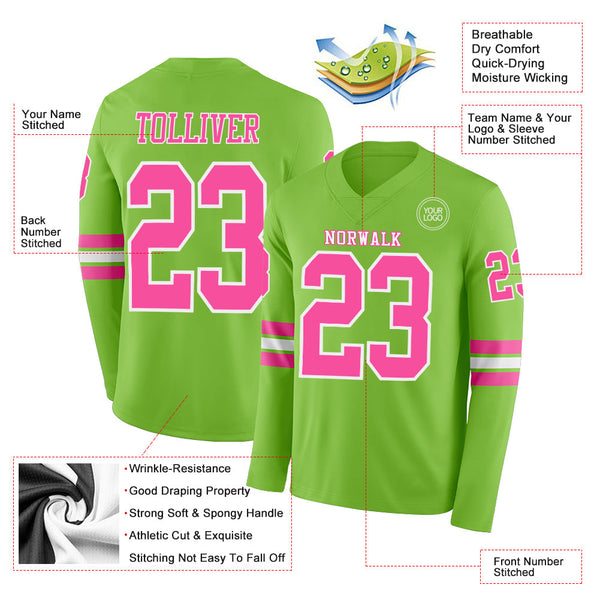 Custom Neon Green Pink-White Long Sleeve Authentic Football Jersey alternate