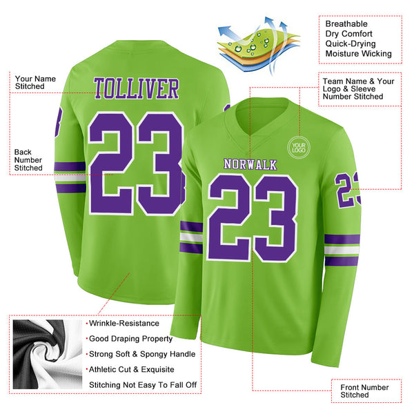 Custom Neon Green Purple-White Long Sleeve Authentic Football Jersey alternate