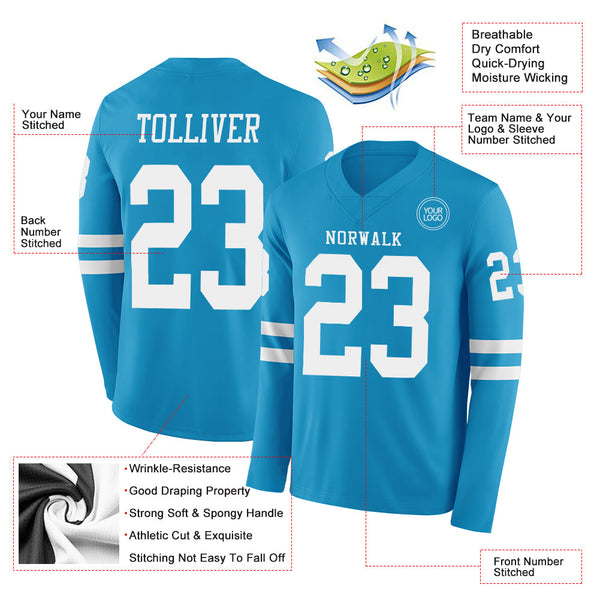 Custom Panther Blue White Long Sleeve Authentic Football Jersey alternate