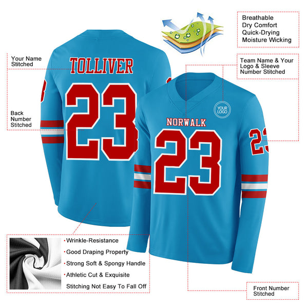 Custom Panther Blue Red-White Long Sleeve Authentic Football Jersey alternate