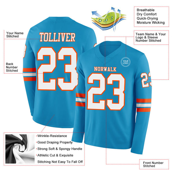 Custom Panther Blue White-Orange Long Sleeve Authentic Football Jersey alternate