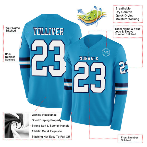 Custom Panther Blue White-Navy Long Sleeve Authentic Football Jersey alternate