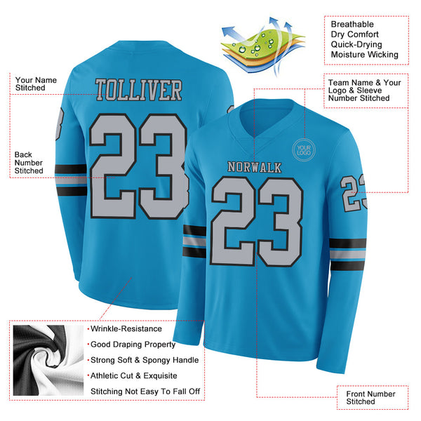Custom Panther Blue Gray-Black Long Sleeve Authentic Football Jersey alternate