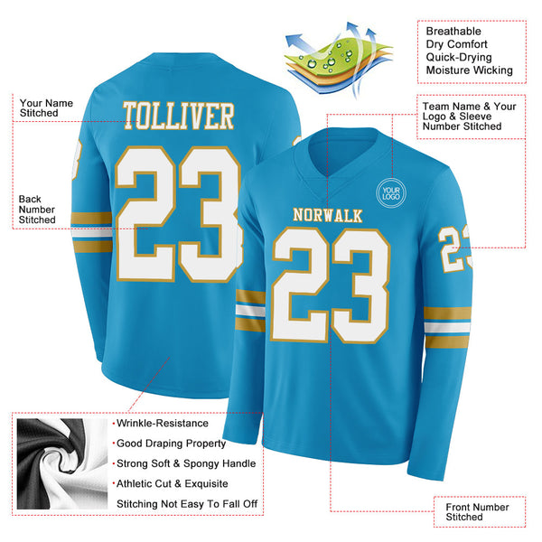 Custom Panther Blue White-Old Gold Long Sleeve Authentic Football Jersey alternate