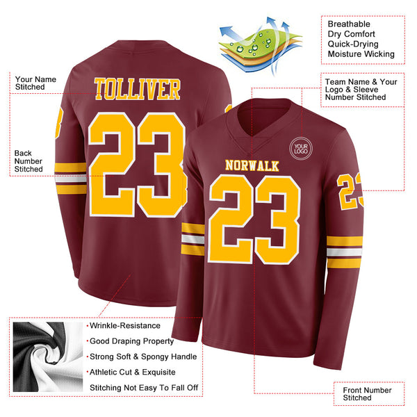 Custom Burgundy Gold-White Long Sleeve Authentic Football Jersey alternate