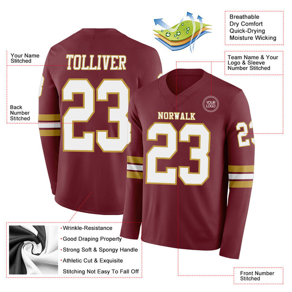 Custom Burgundy White-Old Gold Long Sleeve Authentic Football Jersey alternate