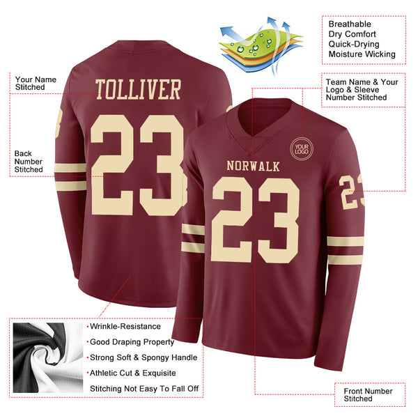Custom Burgundy Cream Long Sleeve Authentic Football Jersey alternate