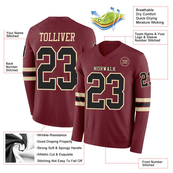 Custom Burgundy Black-Cream Long Sleeve Authentic Football Jersey alternate