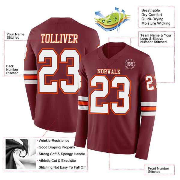 Custom Burgundy White-Orange Long Sleeve Authentic Football Jersey alternate