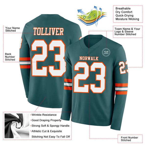 Custom Midnight Green White-Orange Long Sleeve Authentic Football Jersey alternate
