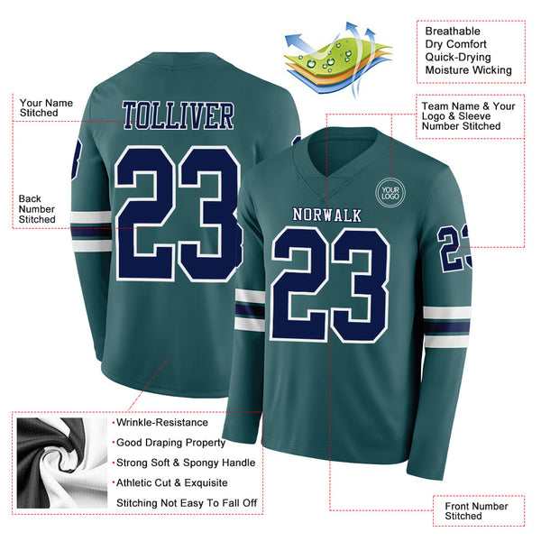 Custom Midnight Green Navy-White Long Sleeve Authentic Football Jersey alternate