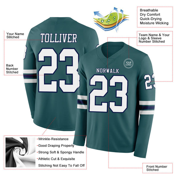 Custom Midnight Green White-Navy-White Long Sleeve Authentic Football Jersey alternate