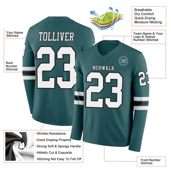 Custom Midnight Green White-Black Long Sleeve Authentic Football Jersey alternate
