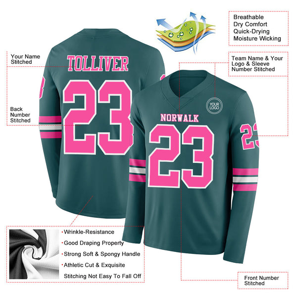 Custom Midnight Green Pink-White Long Sleeve Authentic Football Jersey alternate