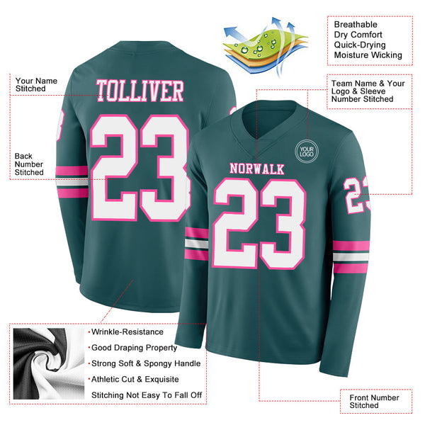 Custom Midnight Green White-Pink Long Sleeve Authentic Football Jersey alternate