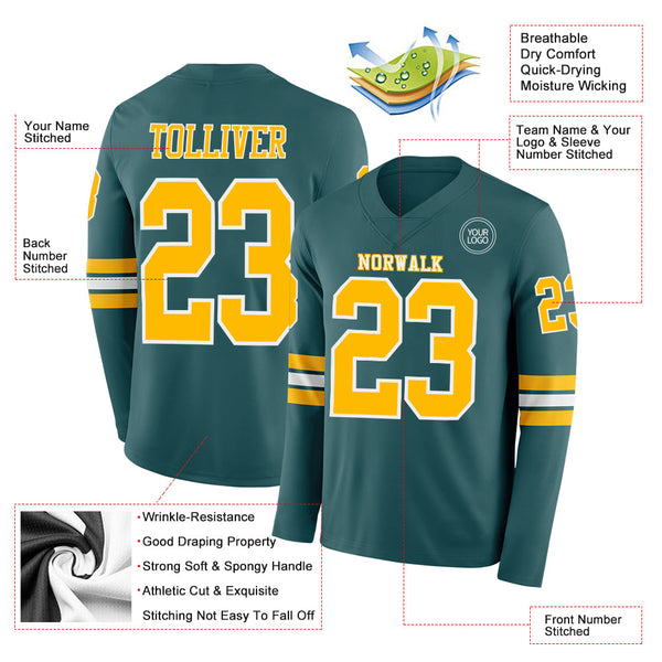 Custom Midnight Green Gold-White Long Sleeve Authentic Football Jersey alternate