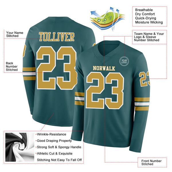 Custom Midnight Green Old Gold-White Long Sleeve Authentic Football Jersey alternate