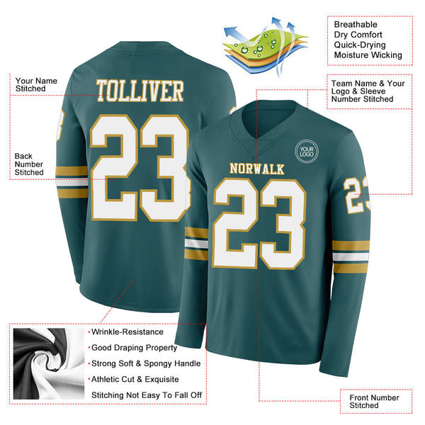 Custom Midnight Green White-Old Gold Long Sleeve Authentic Football Jersey alternate
