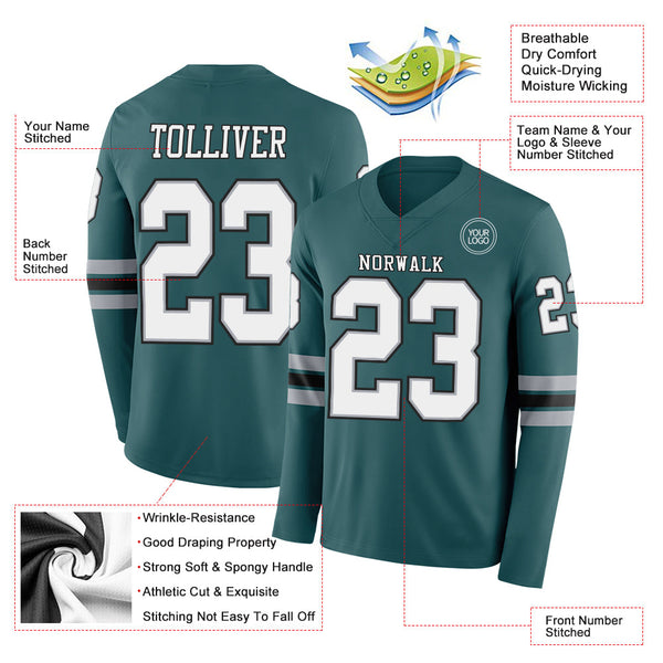Custom Midnight Green White Gray-Black Long Sleeve Authentic Football Jersey alternate