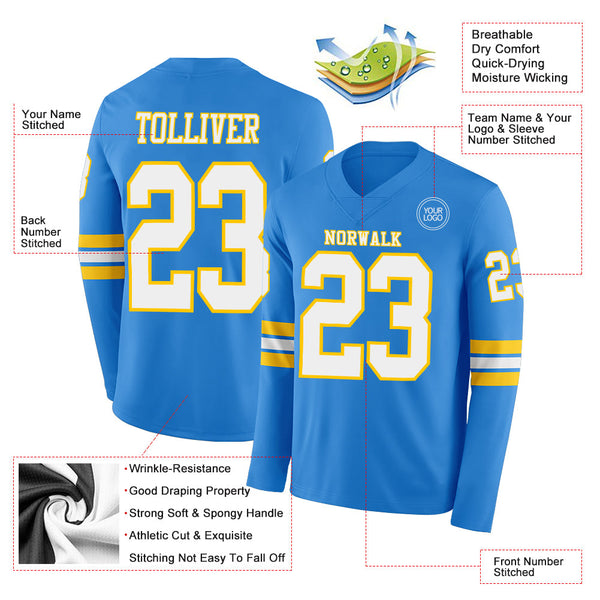 Custom Powder Blue White-Yellow Long Sleeve Authentic Football Jersey alternate