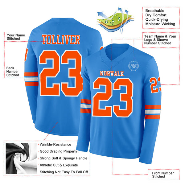 Custom Powder Blue Orange-White Long Sleeve Authentic Football Jersey alternate