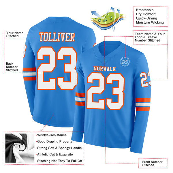 Custom Powder Blue White-Orange Long Sleeve Authentic Football Jersey alternate