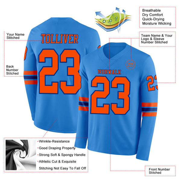 Custom Powder Blue Orange-Royal Long Sleeve Authentic Football Jersey alternate
