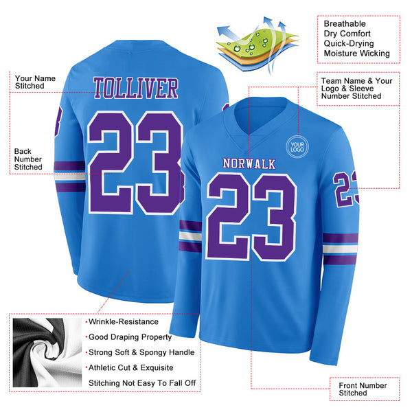 Custom Powder Blue Purple-White Long Sleeve Authentic Football Jersey alternate
