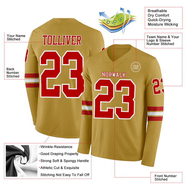 Custom Old Gold Red-White Long Sleeve Authentic Football Jersey alternate
