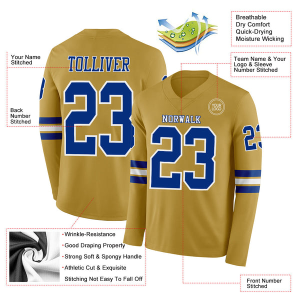 Custom Old Gold Royal-White Long Sleeve Authentic Football Jersey alternate