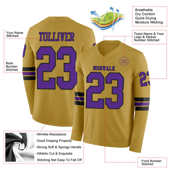 Custom Old Gold Purple-Black Long Sleeve Authentic Football Jersey alternate