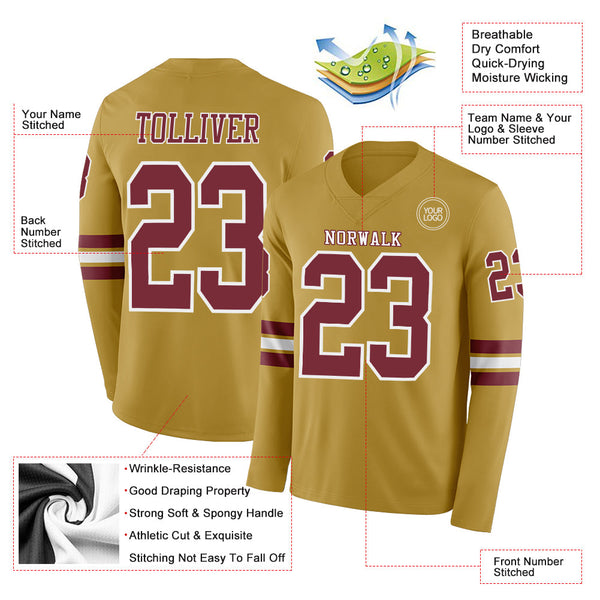Custom Old Gold Burgundy-White Long Sleeve Authentic Football Jersey alternate