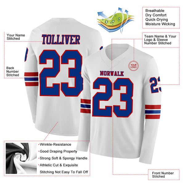 Custom White Royal-Red Long Sleeve Authentic Football Jersey alternate