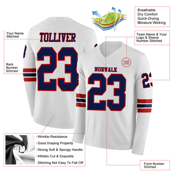 Custom White Navy-Red Long Sleeve Authentic Football Jersey alternate