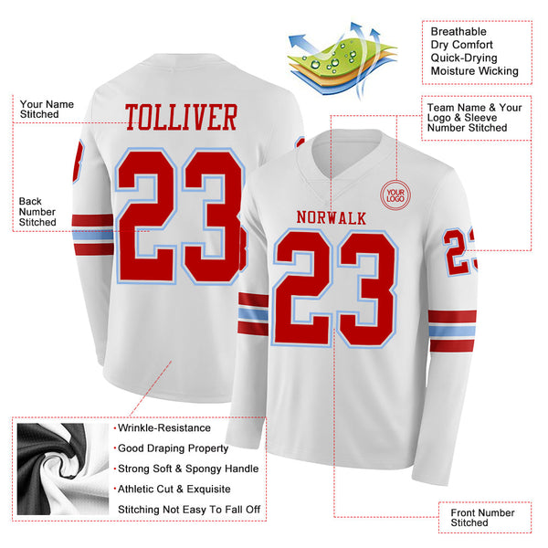 Custom White Red-Light Blue Long Sleeve Authentic Football Jersey alternate