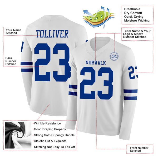 Custom White Royal Long Sleeve Authentic Football Jersey alternate