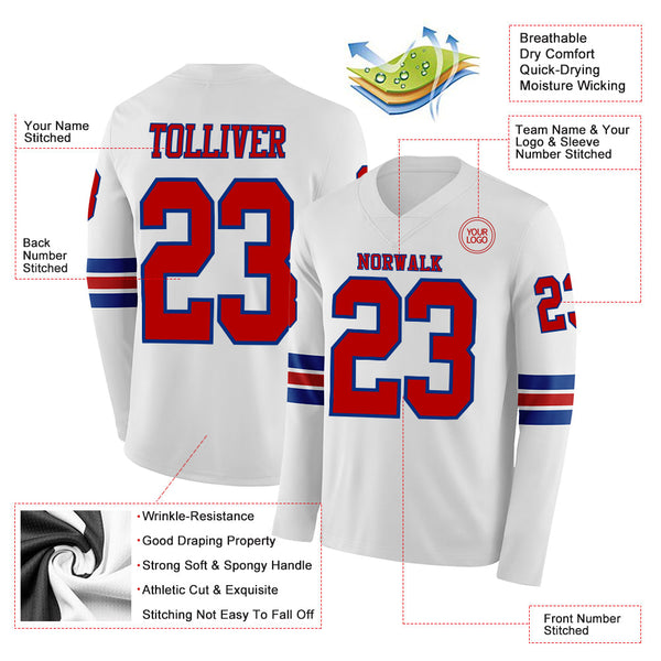 Custom White Red-Royal Long Sleeve Authentic Football Jersey alternate
