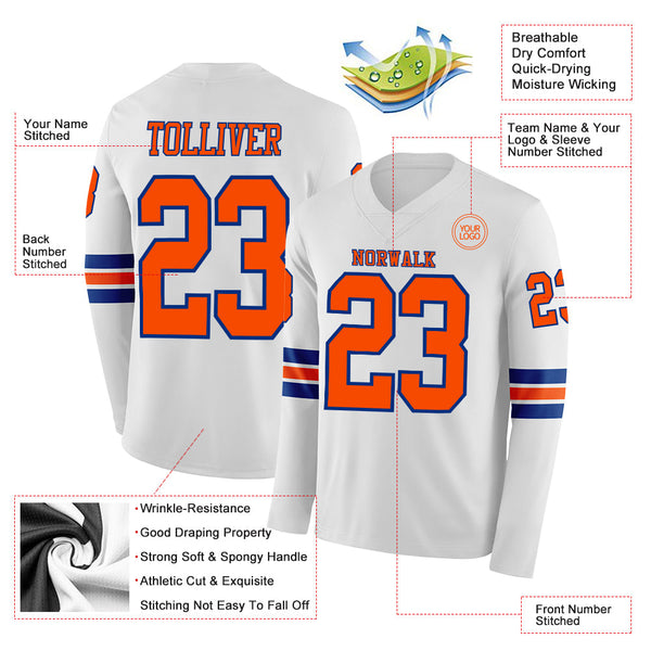 Custom White Orange-Royal Long Sleeve Authentic Football Jersey alternate