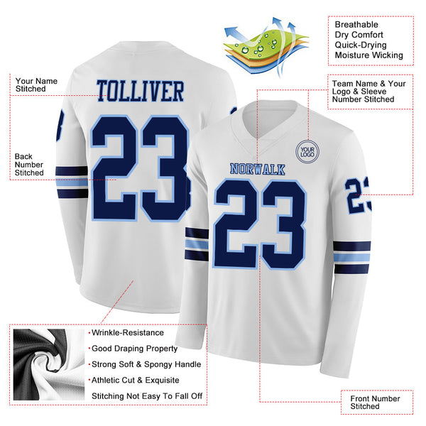 Custom White Navy-Light Blue Long Sleeve Authentic Football Jersey alternate