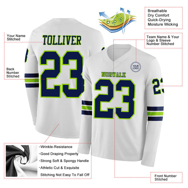 Custom White Navy-Neon Green Long Sleeve Authentic Football Jersey alternate