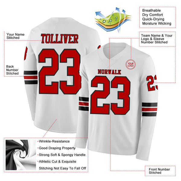 Custom White Red-Black Long Sleeve Authentic Football Jersey alternate