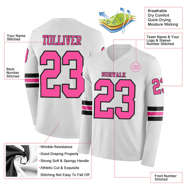 Custom White Pink-Black Long Sleeve Authentic Football Jersey alternate