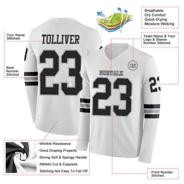 Custom White Black-Gray Long Sleeve Authentic Football Jersey alternate