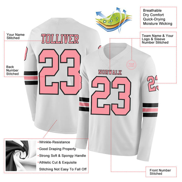 Custom White Medium Pink-Black Long Sleeve Authentic Football Jersey alternate