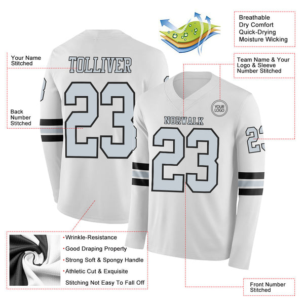 Custom White Silver-Black Long Sleeve Authentic Football Jersey alternate