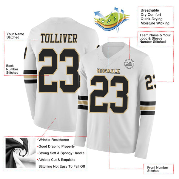 Custom White Black-Vegas Gold Long Sleeve Authentic Football Jersey alternate